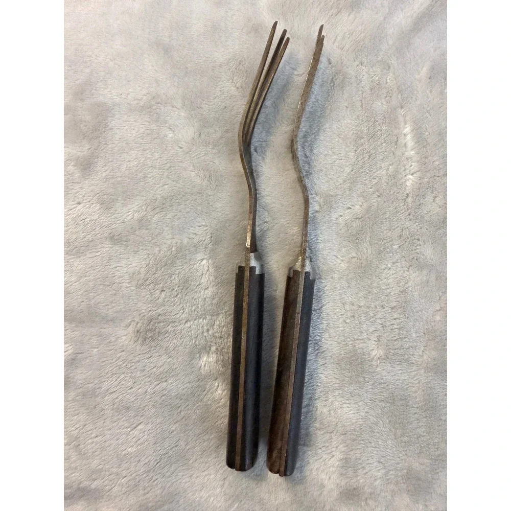 Vintage Mid Century 2 Prong Carving Serving Forks Wood Handles Set of 2